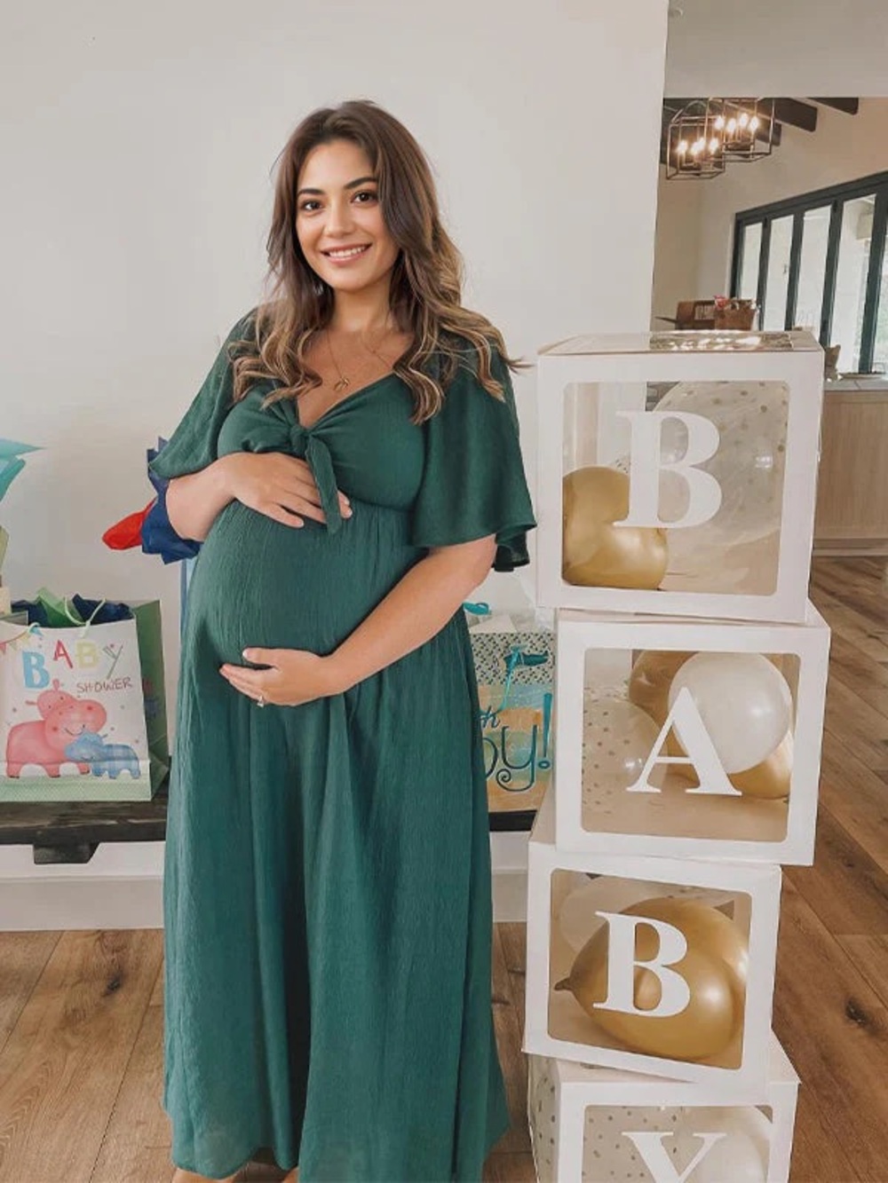 Women’s Emerald Green Maternity Maxi Dress with Front Tie